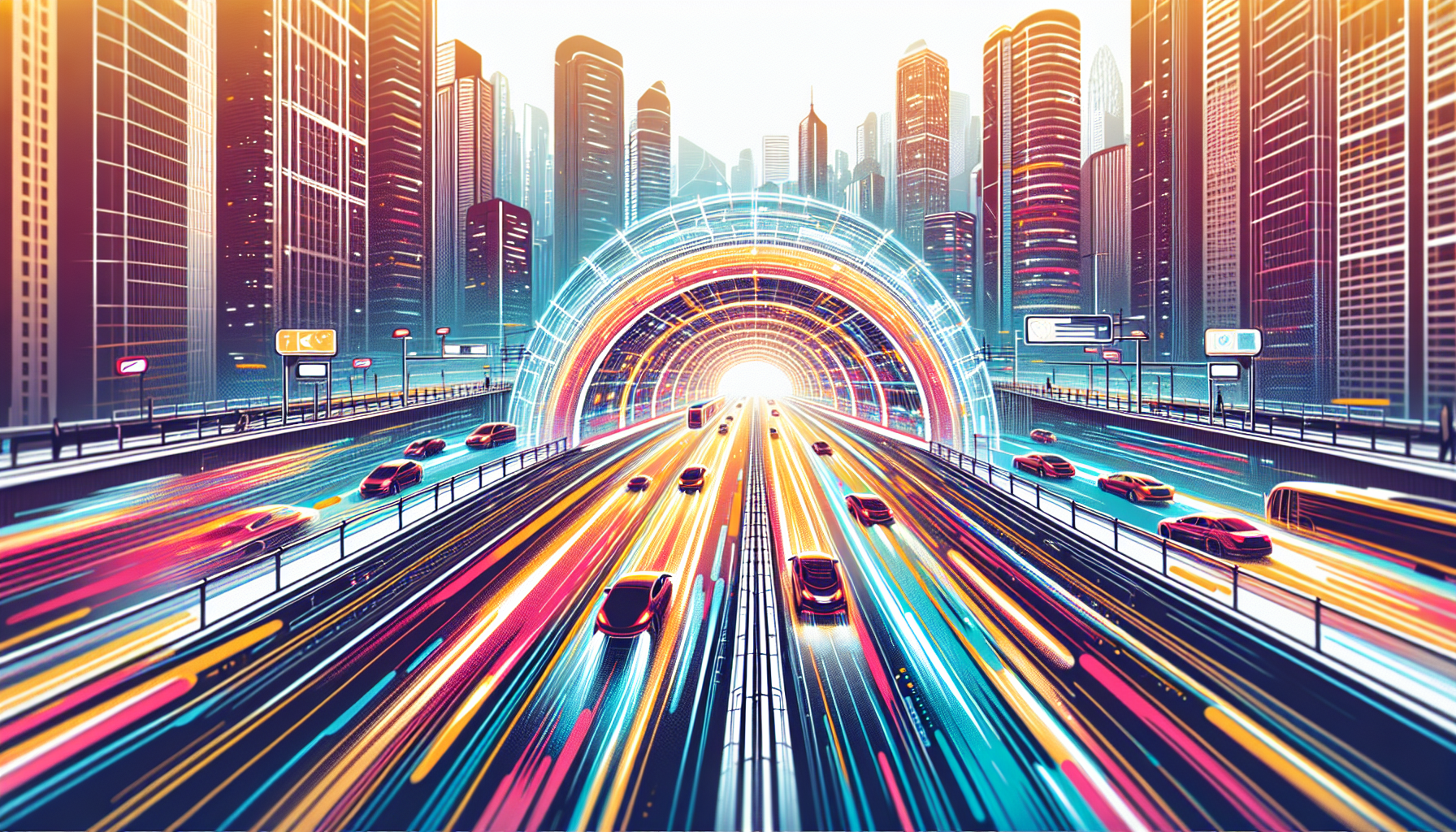 Show a network of tunnels underneath a bustling city with electric cars zooming through them.