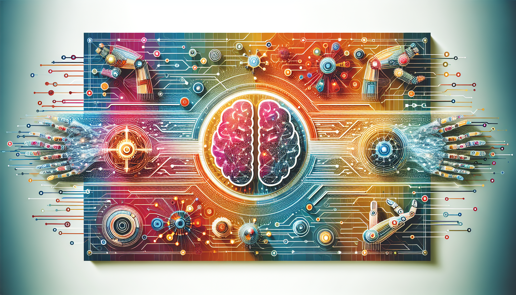Design a cover image featuring futuristic elements such as an AI brain, robotic arms, and digital ne