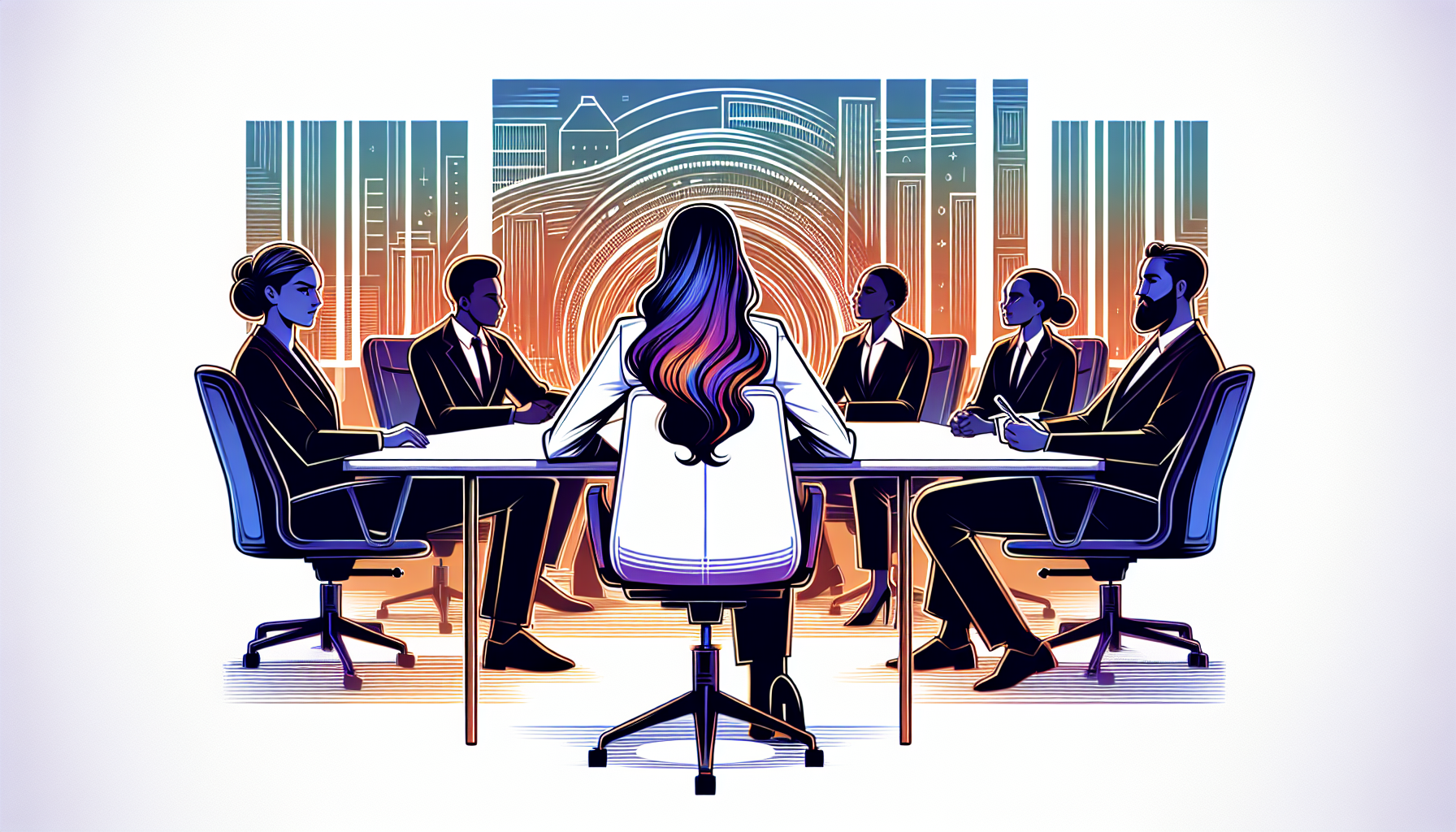 A woman sitting at a conference table with men, symbolizing women's empowerment in the workforce
