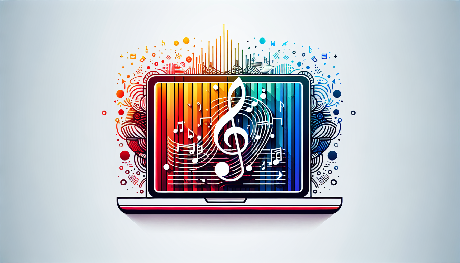 A picture of a laptop with a music note and a coding symbol, representing the blend of creativity an