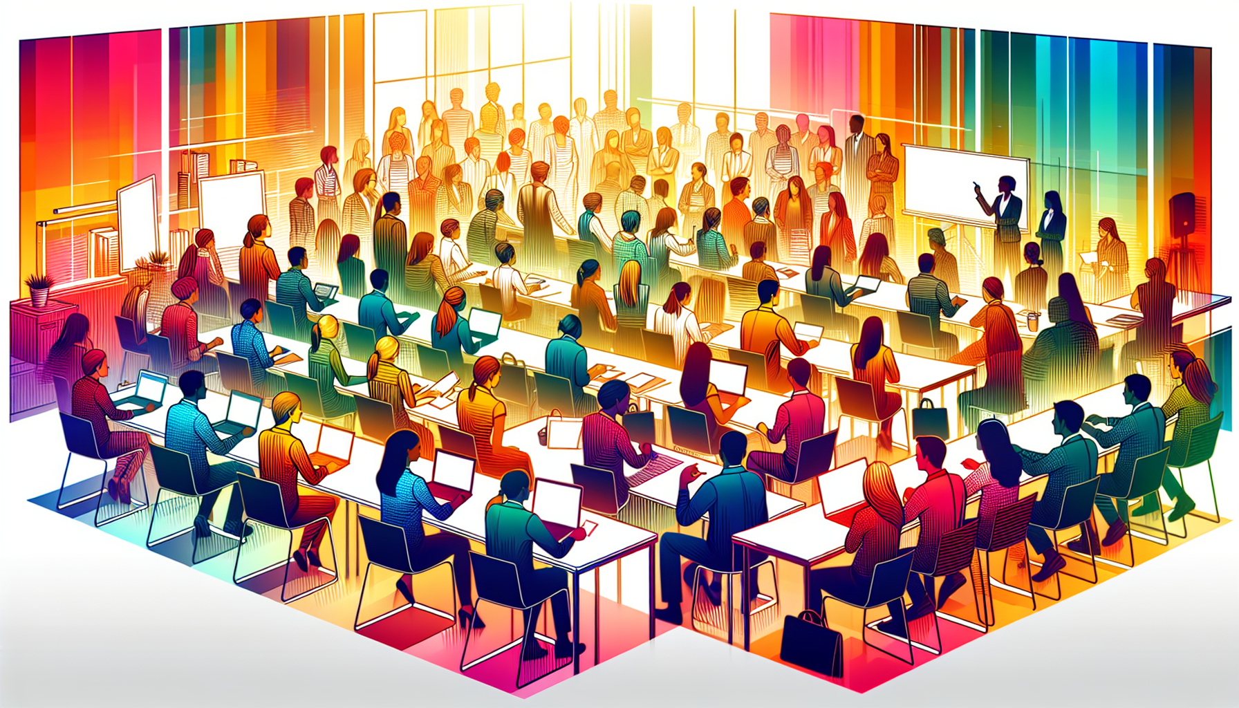 A classroom or corporate training environment with diverse individuals engaged in learning, with vis