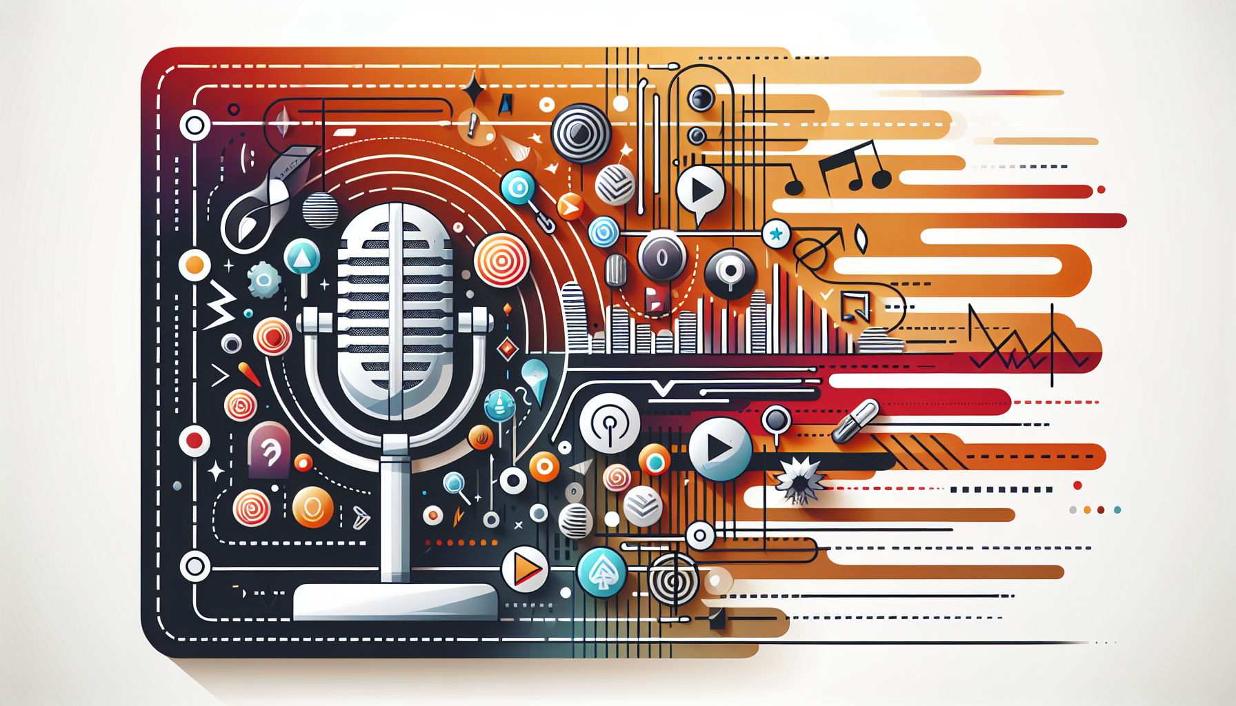 An image of a podcast microphone with a backdrop of various symbols representing errors and learning