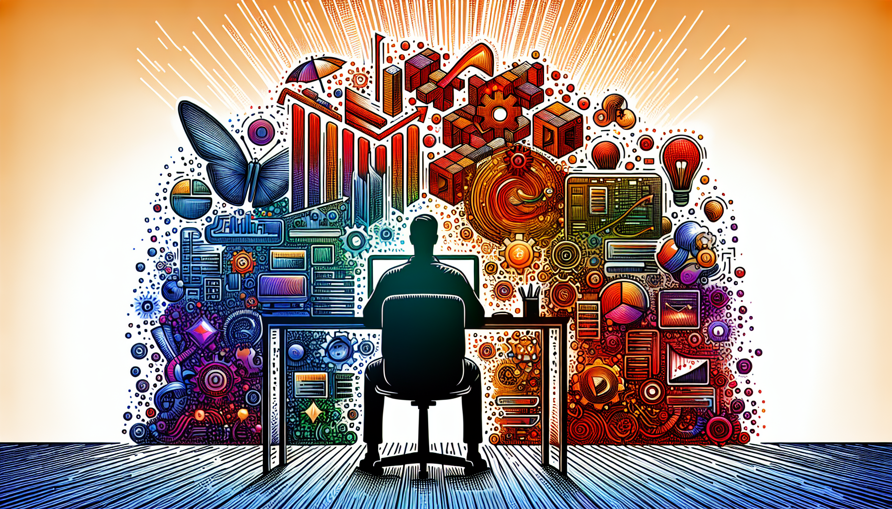 Create an image that depicts an engineer at a desk, surrounded by symbols representing software scal