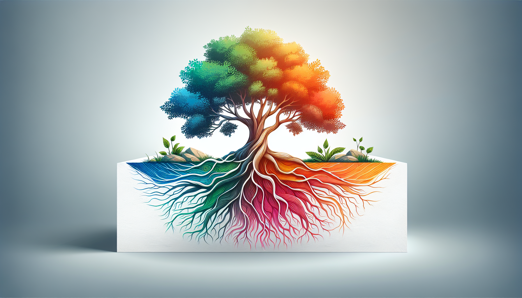 Show a healthy tree with strong roots, symbolizing a healthy organization with a strong foundation a
