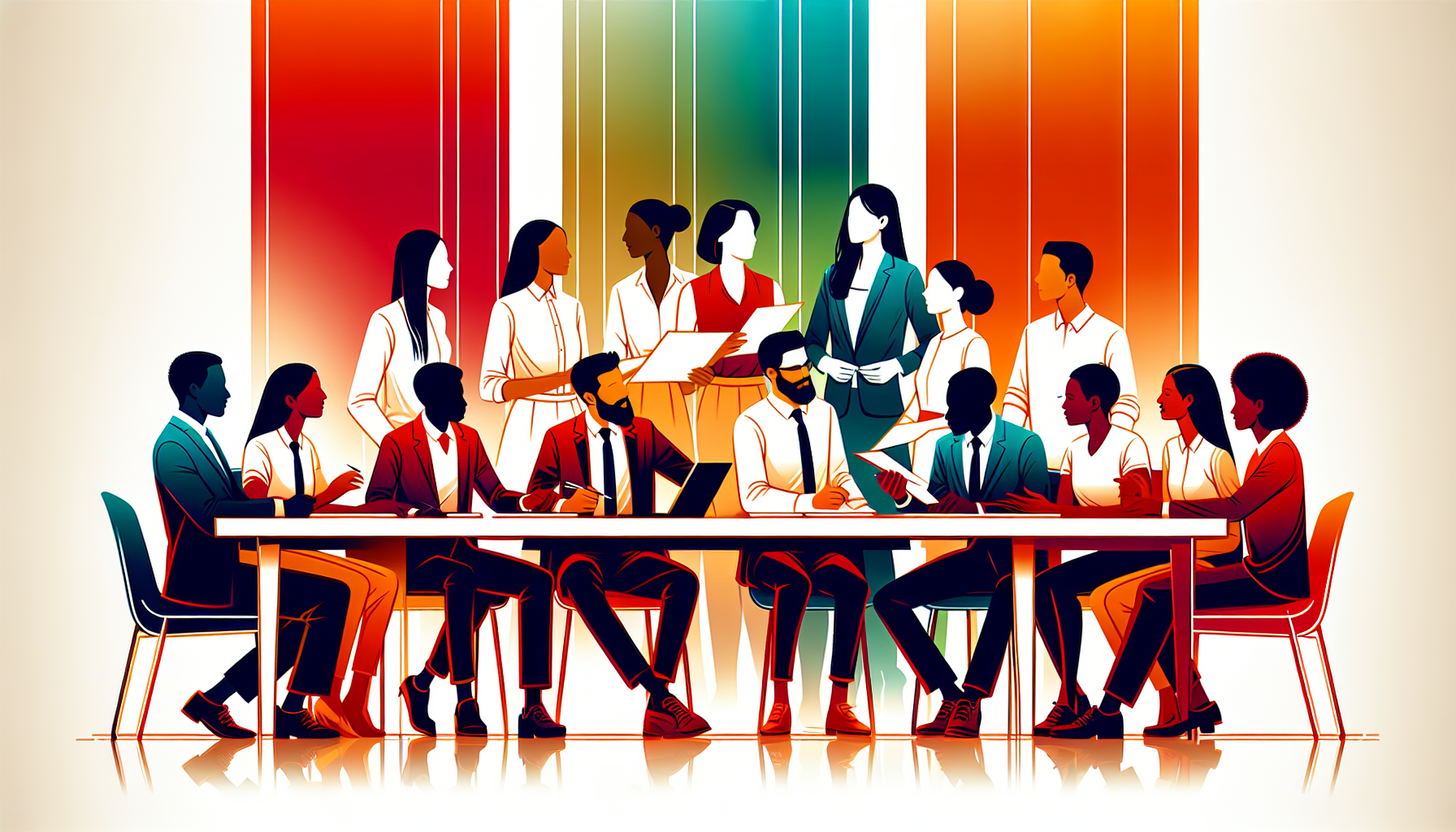 Show an image of a diverse group of individuals working together in a meeting, with one person leadi