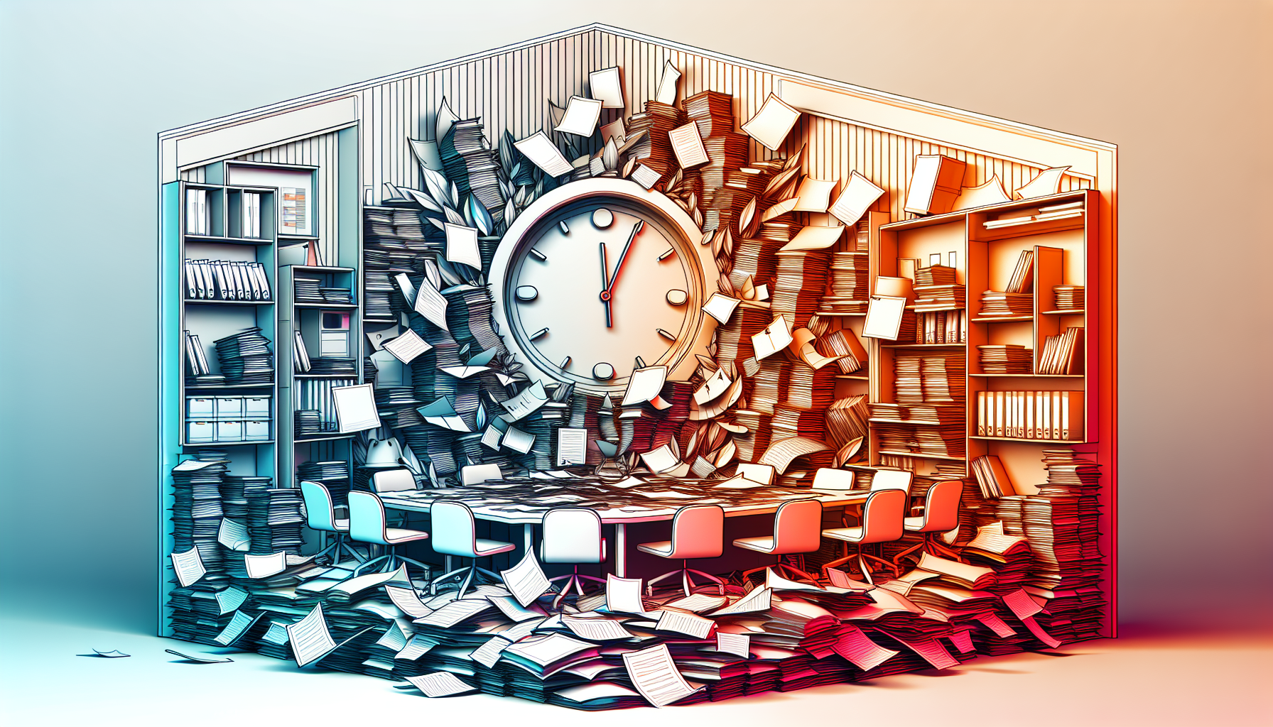 An image of a cluttered meeting room with a clock showing that the meeting is running over time