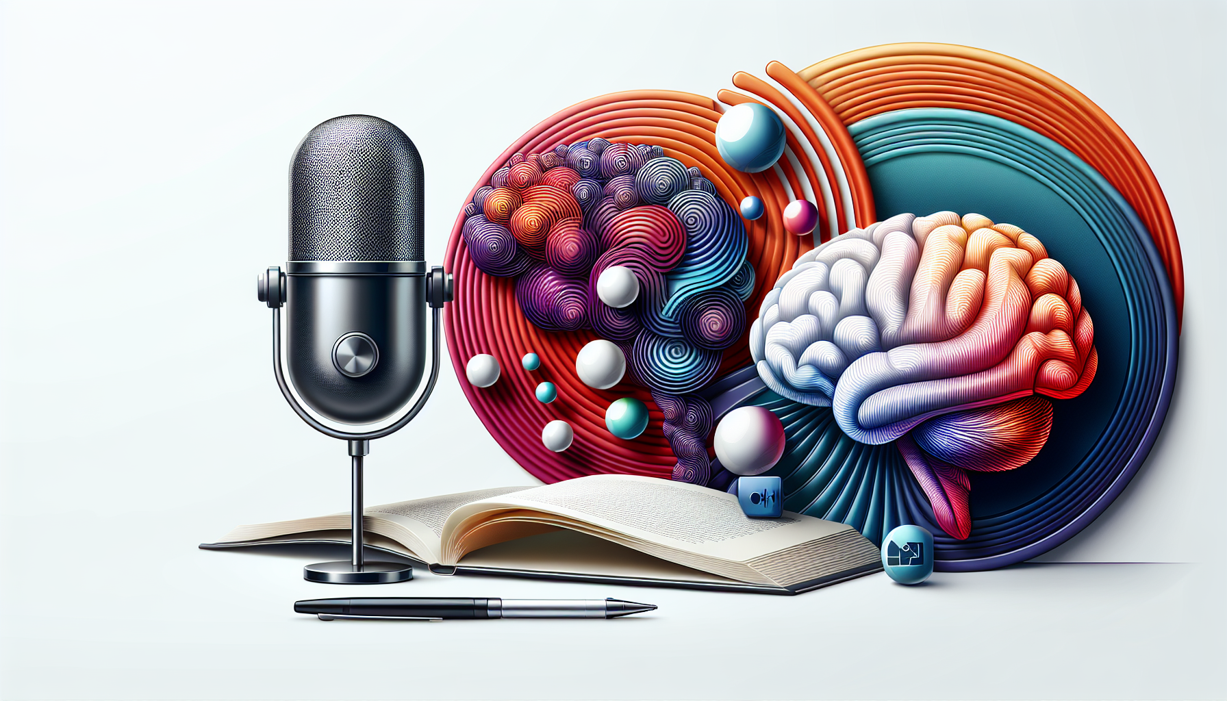 Create a cover image with a podcast microphone, a brain representing neurobiology, and a book repres