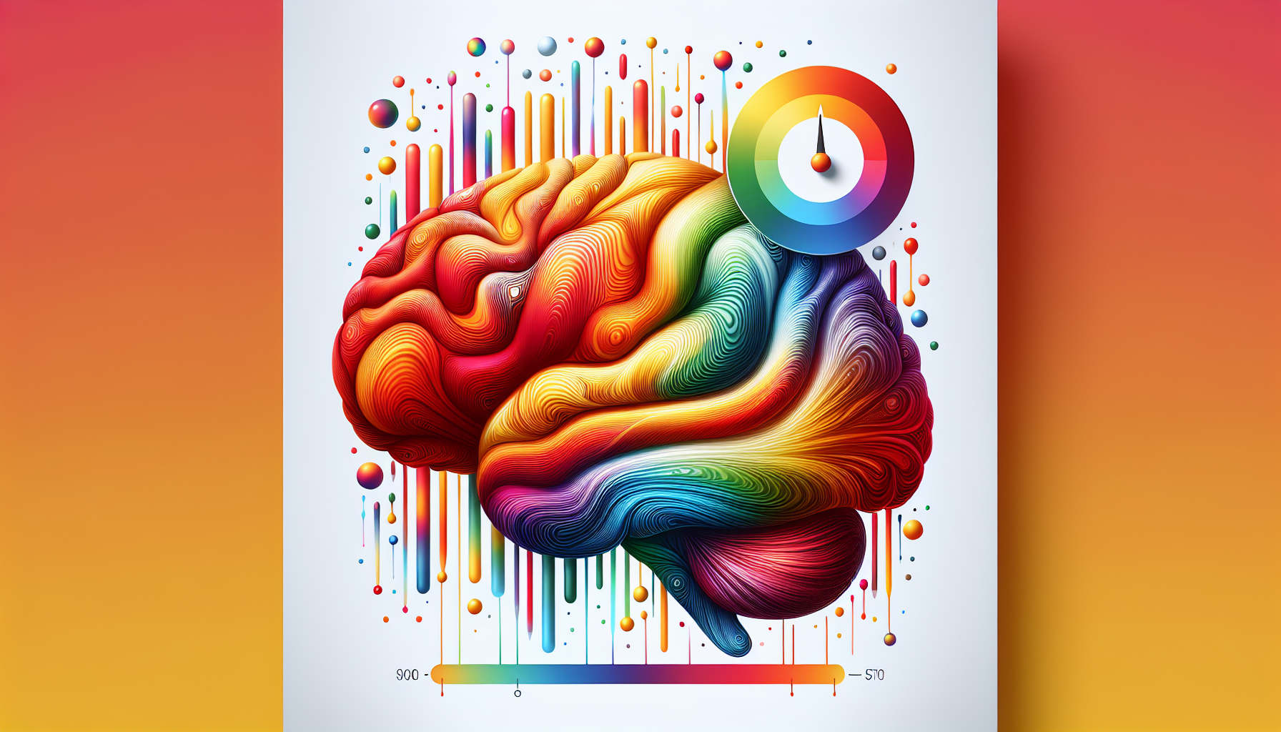A brain with various emotions represented as different colored areas, with a stress meter on the sid