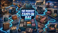 The Perfect Carry On Bag headline centered in an open suitcase, surrounded by airport scenes, hard-shell rollers, backpacks, totes, repairs, and a broken trendy weekender.