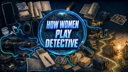 How Women Play Detective headline centered in a magnifying lens, surrounded by a phone, map, public records, devices, purchases, photos, a car, clue trails, and an exit path.