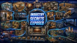 Industry Secrets Exposed headline centered in a vault hatch, surrounded by cutaway workplaces including food service, healthcare, logistics, education, utilities, and burial work.