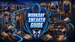 A tailored sneaker-and-suit crest is surrounded by office outfits, commuting, walking meetings, shoe choices, and a business-casual debate.
