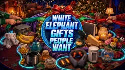 White Elephant Gifts People Want headline centered over a holiday swap table, surrounded by a heated throw, cheese, appliances, toys, food, candles, wine, and amused guests.