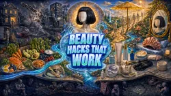 Beauty Hacks That Work headline centered beneath a bob-haired figure, surrounded by hydration, nourishing food, walking, sunscreen, sleep, cosmetics, and safety warnings.
