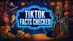An illustrated observatory surrounds a neon sign reading “TikTok Facts Checked,” with anatomy, animals, space and science specimens connected by luminous paths.