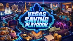 Illustrated Las Vegas savings guide with a centered Vegas Saving Playbook marquee, surrounded by Strip landmarks, transit, dining, lodging, and deal symbols.
