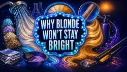 An illustrated salon surrounds a neon sign reading “Why Blonde Won’t Stay Bright,” with mineral buildup, washing, toner, heat and sunlight clues.