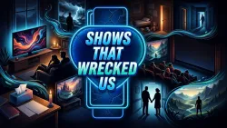 A cracked-glass theater marquee is surrounded by cinematic worlds, haunted viewers, tissues, dark living rooms, finales, mystery, grief, and nostalgia.