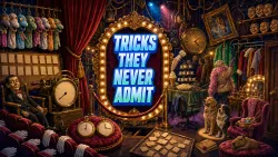 A crowded backstage variety-theatre workroom of sock puppets, hired applause machines, stopwatches and costume rails behind a gilded lightbulb mirror.