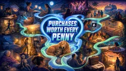 Purchases Worth Every Penny headline centered in a glowing heart, surrounded by rescued pets, healthcare, education, family, travel, home help, freedom, and experiences.