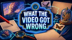 An illustrated evidence workshop surrounds a neon sign reading “What the Video Got Wrong,” with nature, anatomy and document clues linked by glowing paths.