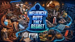 Influencer Buys They Regret headline centered in a retail courtroom, surrounded by a return conveyor, clothing, beauty products, appliances, kitchen tools, and shoppers.