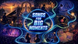 A piano-and-vinyl concert medallion is surrounded by wedding, memorial, lullaby, remix, and performance scenes at jewel-toned dusk.