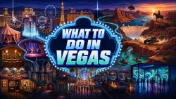 What to Do in Vegas headline centered in a neon marquee, surrounded by the Strip, shows, fountains, Fremont nightlife, desert canyons, kayaks, Hoover Dam, and horseback riding.
