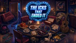 A blue-hour supper-club booth beneath a cracked heart-shaped marquee, with a half-eaten dinner and abandoned date-night belongings scattered across the tiled floor.