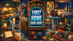 Painterly cutaway of a first home with practical rooms and the headline First Home Done Right.