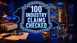 An illustrated evidence hall surrounds a neon sign reading “100 Industry Claims Checked,” with records, infrastructure, servers, health and law clues.