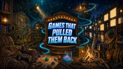 A cosy blue-hour gaming corner — armchair, sleeping cat and controller — opening outward into the worlds players named: a lamplit farm plot and greenhouse.