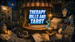 A late-night wooden advice booth under a striped canopy, ringed by tarot cards, blank paperwork, blood tubes, a gavel, an open fridge and a sleeping dog.