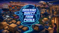 A cinematic global shipping route connects factories, cargo, customs, quality checks, and home deliveries around a centered crate seal.