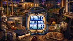 A warm lamplit kitchen and back porch opening onto a driveway, yard and quiet street, crowded with a paid-off sedan, a small starter house, a sleeping rescue dog, stacked meal-prep