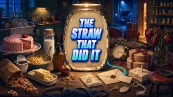 A late-night kitchen table crowded with small ordinary things — a half-eaten strawberry ice cream cake, a bowl of mac and cheese, a milk bottle, a spilled paper bag of caramels.