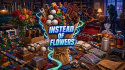 A kraft-paper florist's bouquet packed with Lego bricks, golf balls, a spanner and beef jerky, on a blue-hour workshop table of beer, whiskey, tools, fishing lures and real roses.