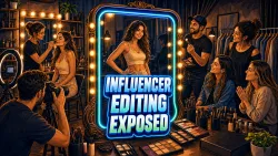 Influencer Editing Exposed headline centered in a neon phone marquee, surrounded by an editing studio, altered figures, commenters, app symbols, and a data vault.