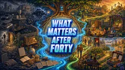 What Matters After Forty headline centered in a tree ring, surrounded by family, health, partnership, savings, travel, friendship, home, meaningful work, and fading status.