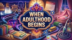 Richly illustrated editorial cover depicting when adulthood begins with keys, mortgage documents, nursery cradle, and central marquee.