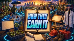 Illustrated SmartJots cover reading HOW THEY EARN IT, surrounded by a game developer desk with blank monitor, a seedling tray, a nurse bag without marks.