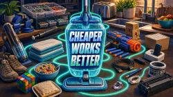 Illustrated household test bench of simpler low-cost alternatives around a refillable mop reading CHEAPER WORKS BETTER.