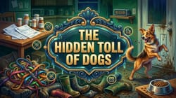 Richly illustrated editorial cover depicting the hidden exhaustions of dog ownership with muddy entryway, vet bills, and central marquee.