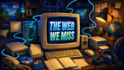 Illustrated SmartJots cover reading THE WEB WE MISS, surrounded by a CRT computer, a translucent desktop tower, a dial-up modem with no indicators.