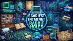 Richly illustrated nocturnal editorial poster with glowing CRT console displaying SCARIEST INTERNET RABBIT HOLES surrounded by subterranean caverns, servers, and cryptographic mysteries.