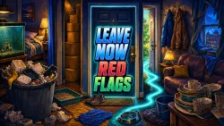 Illustrated SmartJots cover reading LEAVE NOW RED FLAGS, surrounded by a cluttered entry path, an overflowing plain waste basket, a tipped pet water bowl.