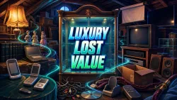Illustrated attic of obsolete electronics and collectibles around an empty glowing display cabinet reading LUXURY LOST VALUE.