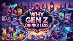 Richly illustrated editorial cover depicting why Gen Z drinks less with overpriced cocktail menus, sunrise fitness gear, and central marquee.