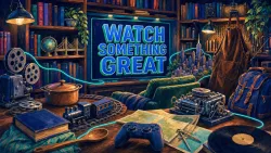 Illustrated SmartJots cover reading WATCH SOMETHING GREAT, surrounded by a cooking pot beside an old history book with blank cover, a bridge model, a wooden workbench.