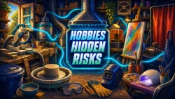 Illustrated SmartJots cover reading HOBBIES HIDDEN RISKS, surrounded by a woodworking bench, a saw with blank handle, a dust-collection hose.